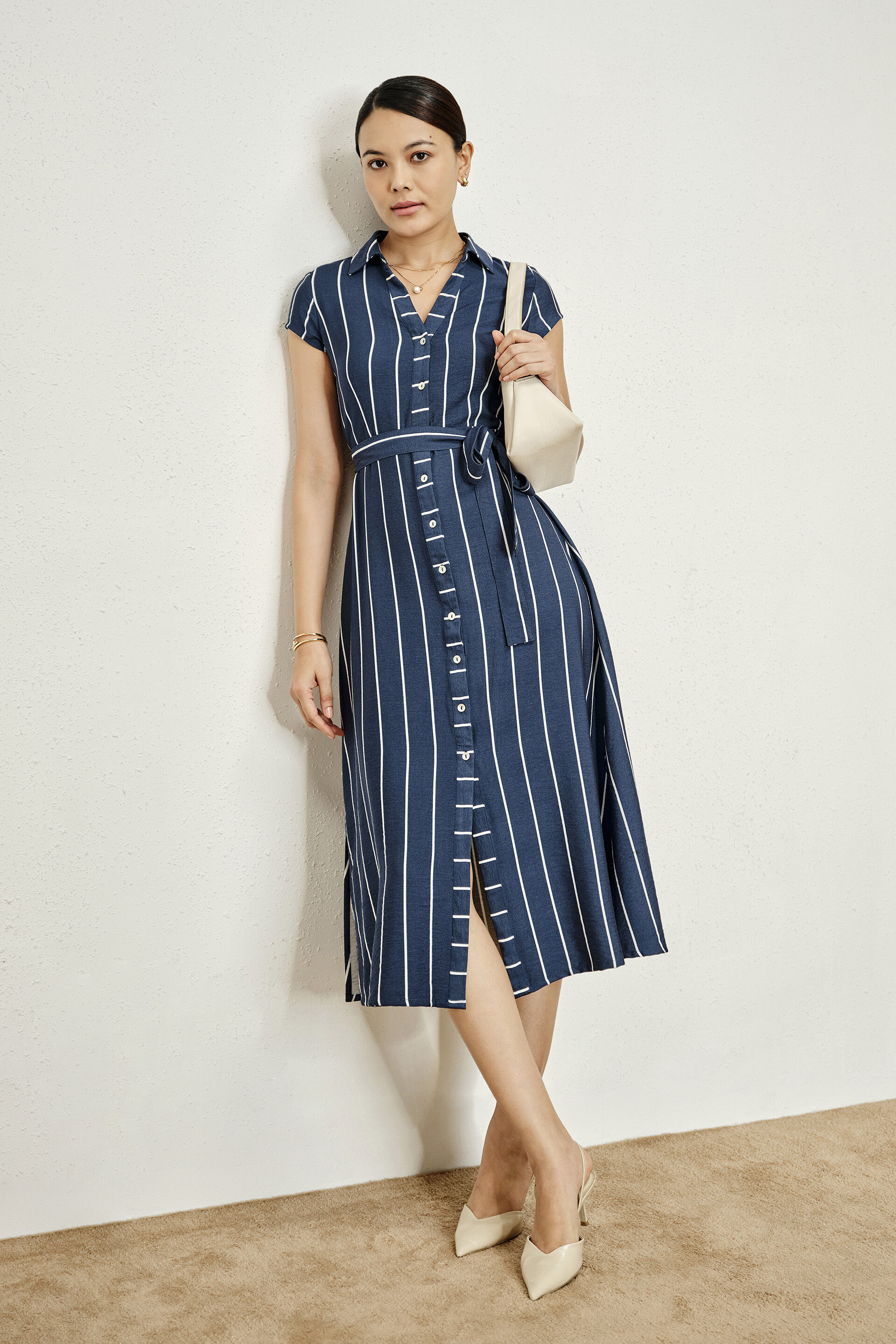 Dina Navy Striped Dress, Navy Blue, image 2